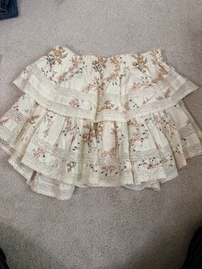 Love Shack Fancy Floral Lace Trim Smocked skirt - Cream & Dusty Rose